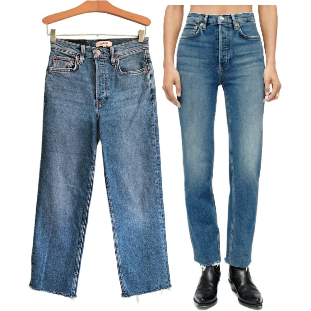 RE/DONE Mid 70s High Rise Stove Pipe Jean Size 24 Comfort Stretch Raw Hem Short